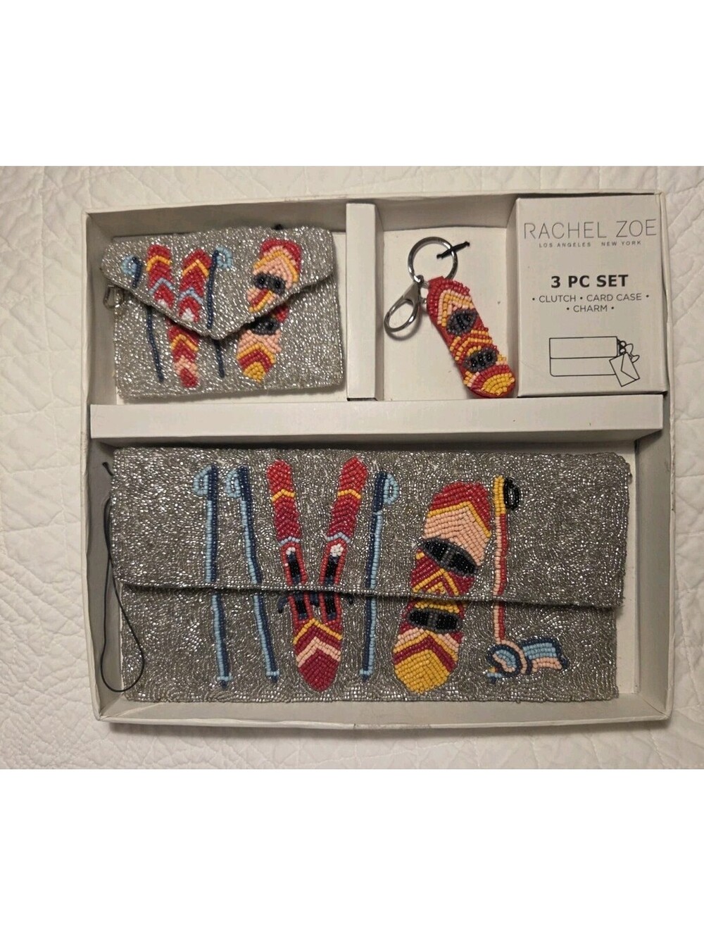Rachel Zoe Silver Beaded Ski Clutch Set Card Clutch